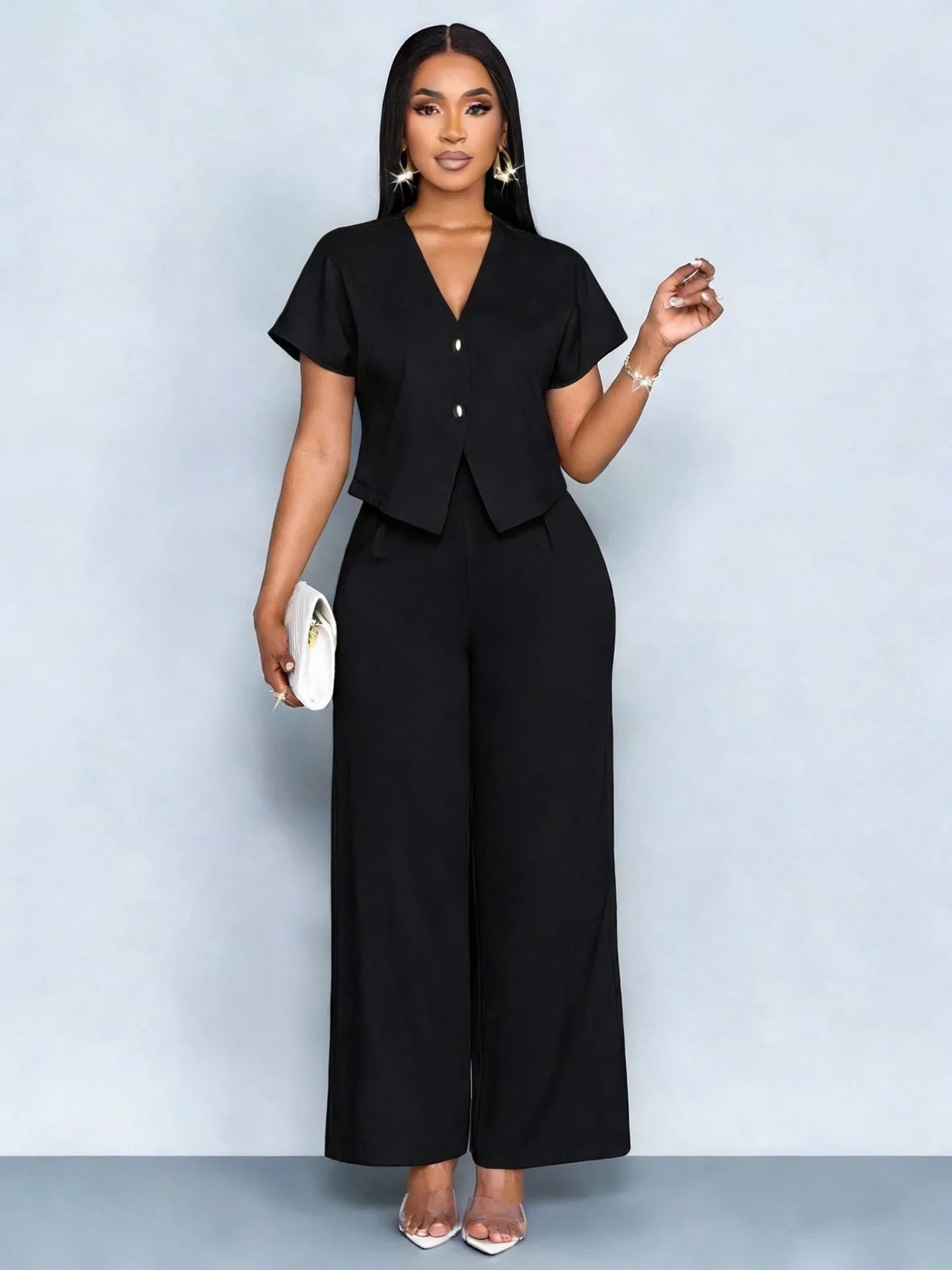 Summer Elegant 2 Piece Suit For Women V Neck Short Sleeve Blouse Top High Waist Wide Leg Pants Set Casual Business Office Outfit