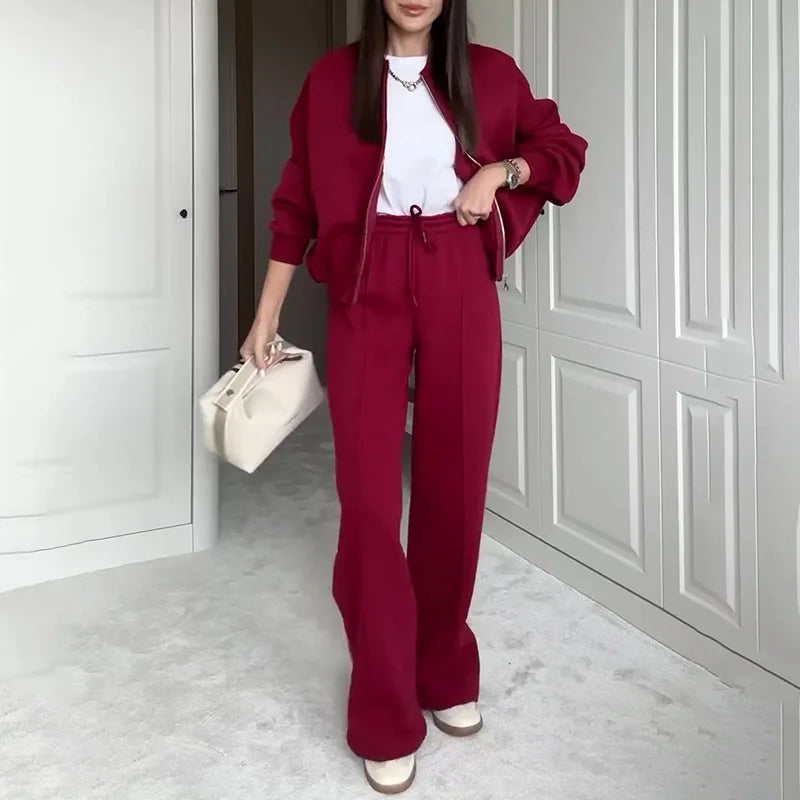Fashion Women's Suit Zipper Trousers Round Neck Sweatshirt Wide Leg Trousers 2 Piece Set Conjuntos De Pantalón Fall Clothes 2025