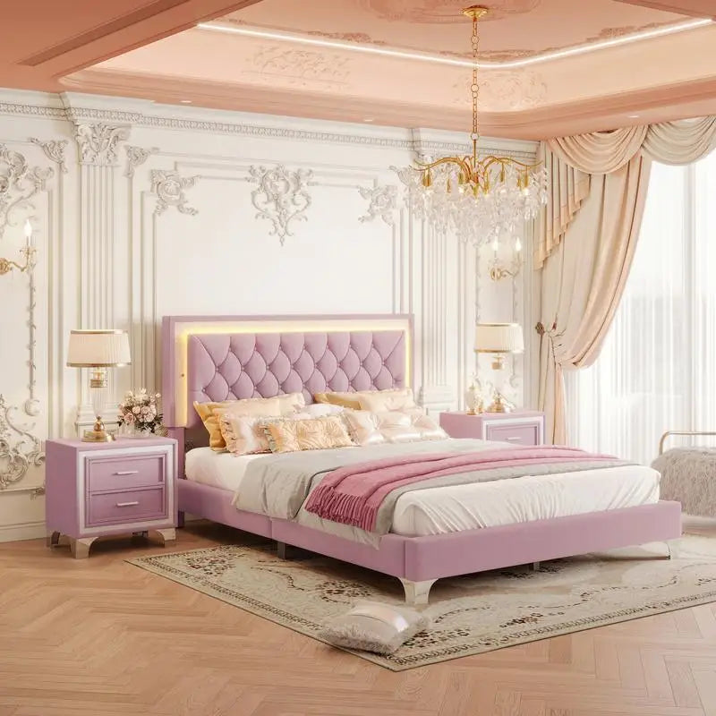 3-Piece Bedroom Set, Queen Size Upholstered Bed with LED Lighting & 2 Nightstands.