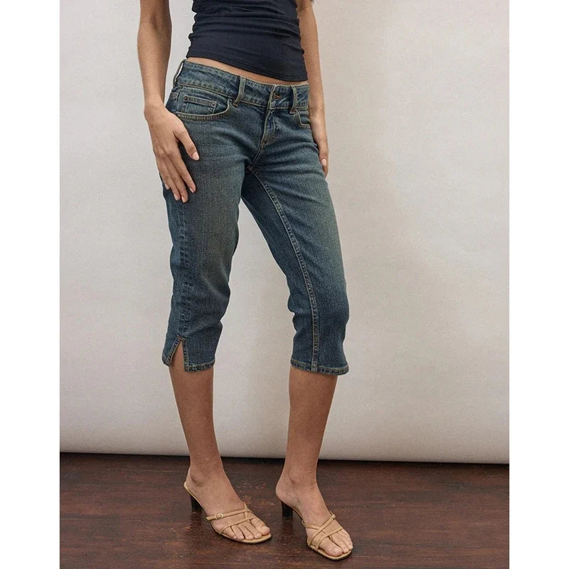 Women's Denim Pencil Capri Pants Button Low Rise Slim Fit Cropped Jeans with Side Slits Hemline Summer Stretch Capris
