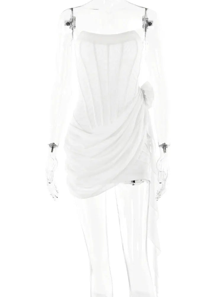 GACVGA Chiffon Mesh Strapless Fold Mini Dress For Women 2024 Summer Corset Back Lace-up Sexy Bodycon Club Party Dress