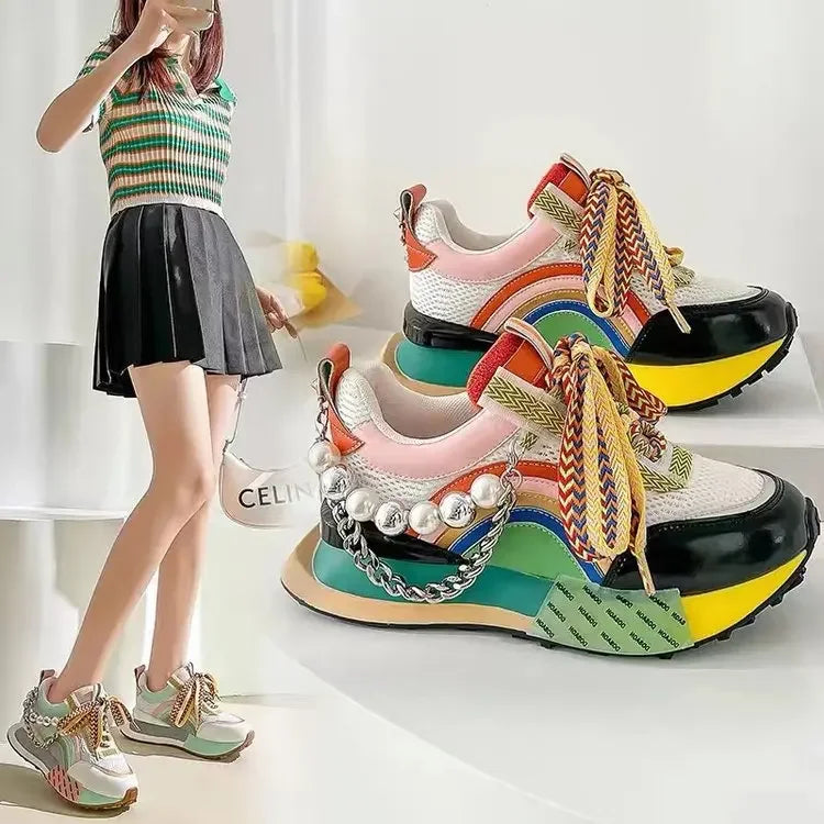 Lace Up  Pearl Chain Decorative Women's Vulcanized Shoes Women's Platform Sneakers Zapatos De Mujer Women Shoes 2023