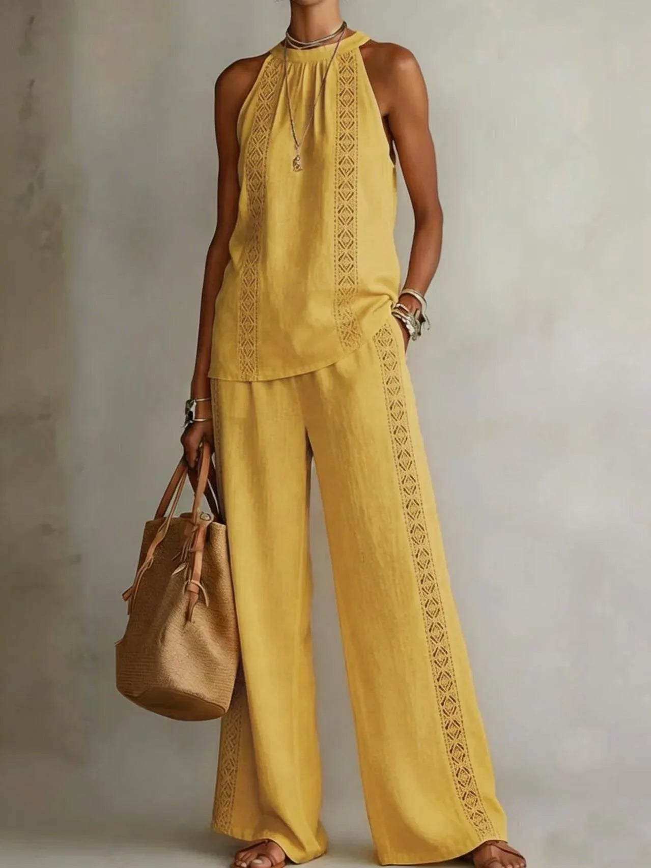 Sexy Halter Neck Sleeveless Tops Women's Suit Summer New Fashion Loose Retro Hollow Lace Pocket Wide Leg Pants 2-piece Set 2026