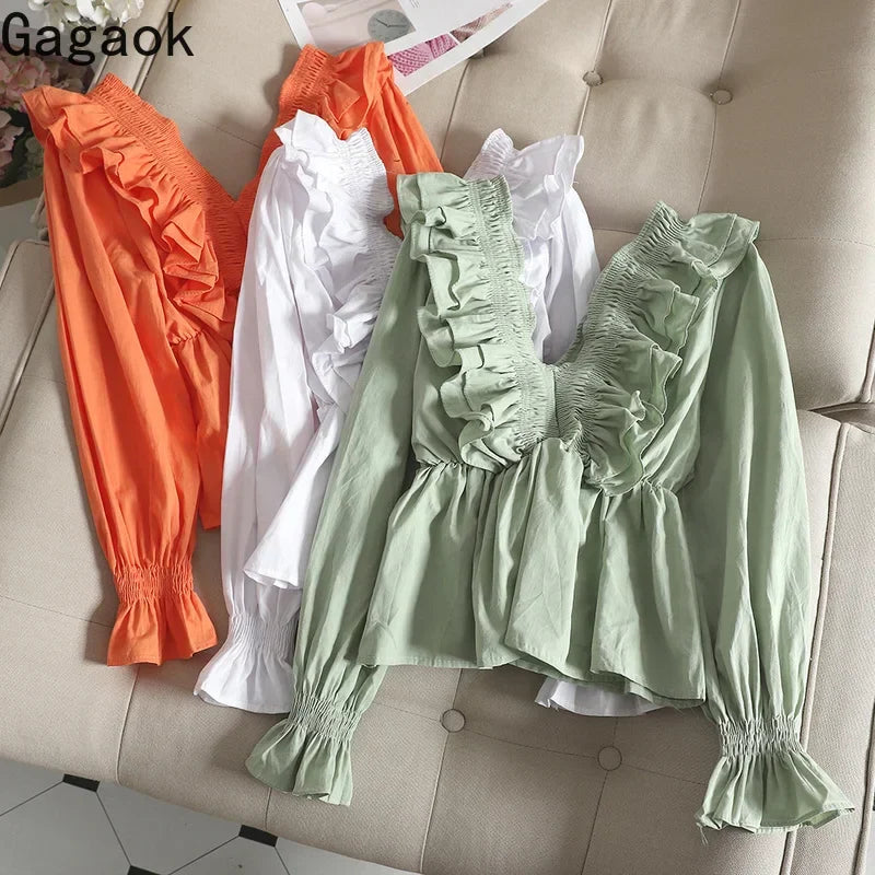 Gagaok Women Sweet Short Blouse Spring Autumn New Solid V-Neck Flare Sleeve Ruffles Slim Chic Wild Female Fashion Korean Shirt