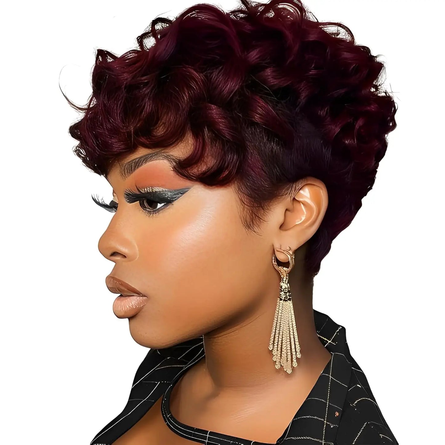 Black women's short elf wig with bangs, curly  wig
