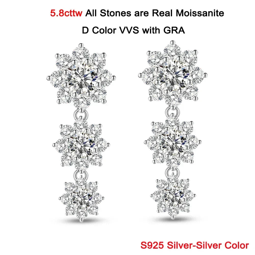 5.8cttw Full Sunflower Moissanite Drop Earrings for Women S925 Sterling Silver D Color Round Cut Diamond Earring Wedding Jewely