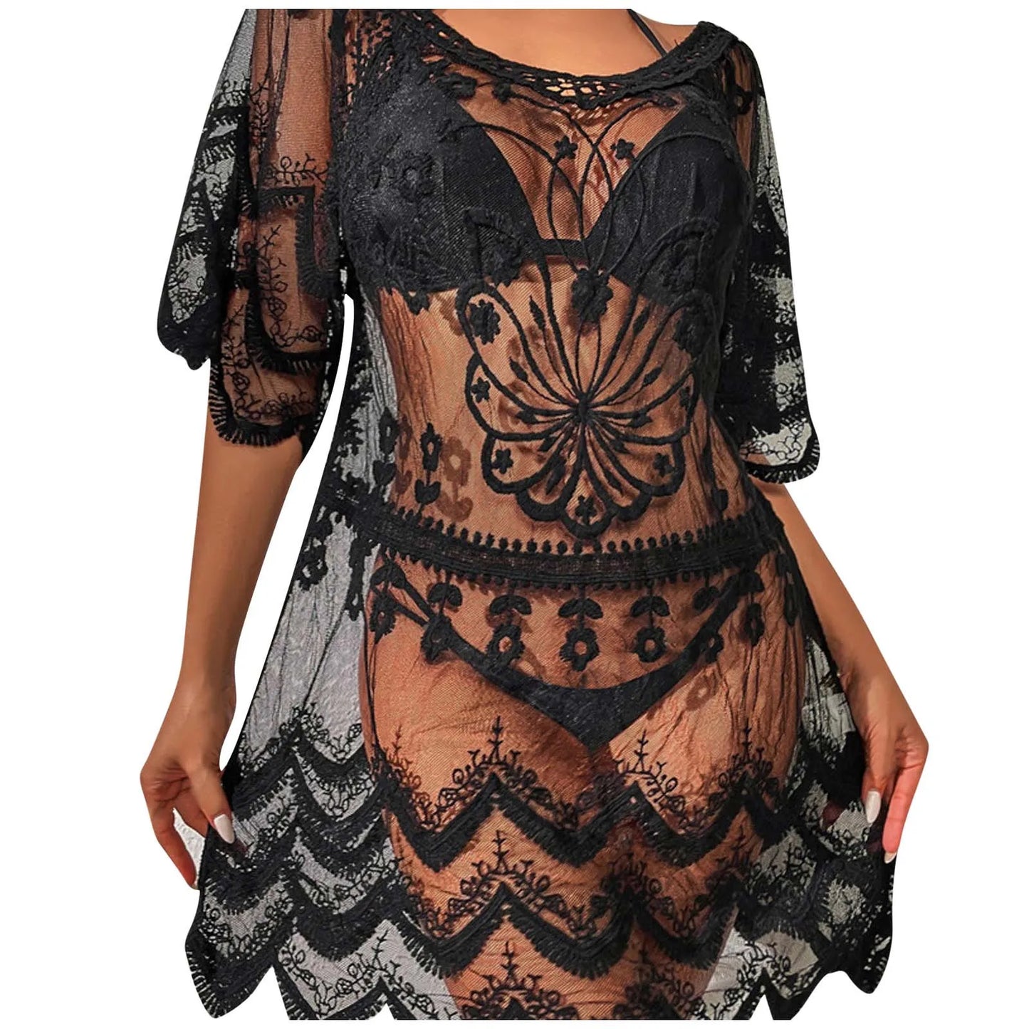 Womens Beach Cover Ups Loose Mid Length Dresses Water Soluble Transparent Lace Shirt Bikini Cover Ups Trajes De BañO Mujer