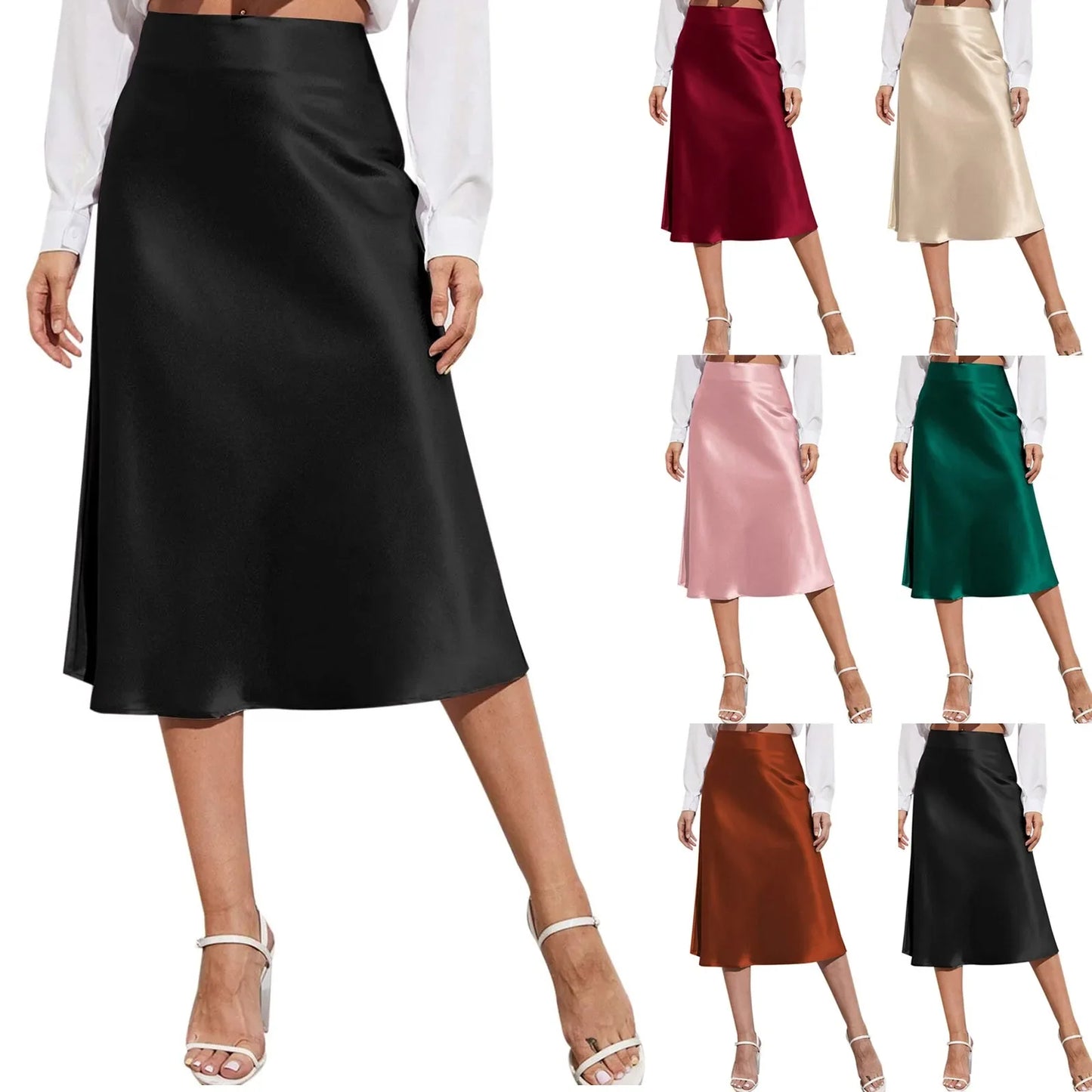 Spring Solid Satin Silk Skirt Women High Waisted Summer Long Skirt New 2024 Elegant Ladies Office A Line Midi Skirts Jupes юбка