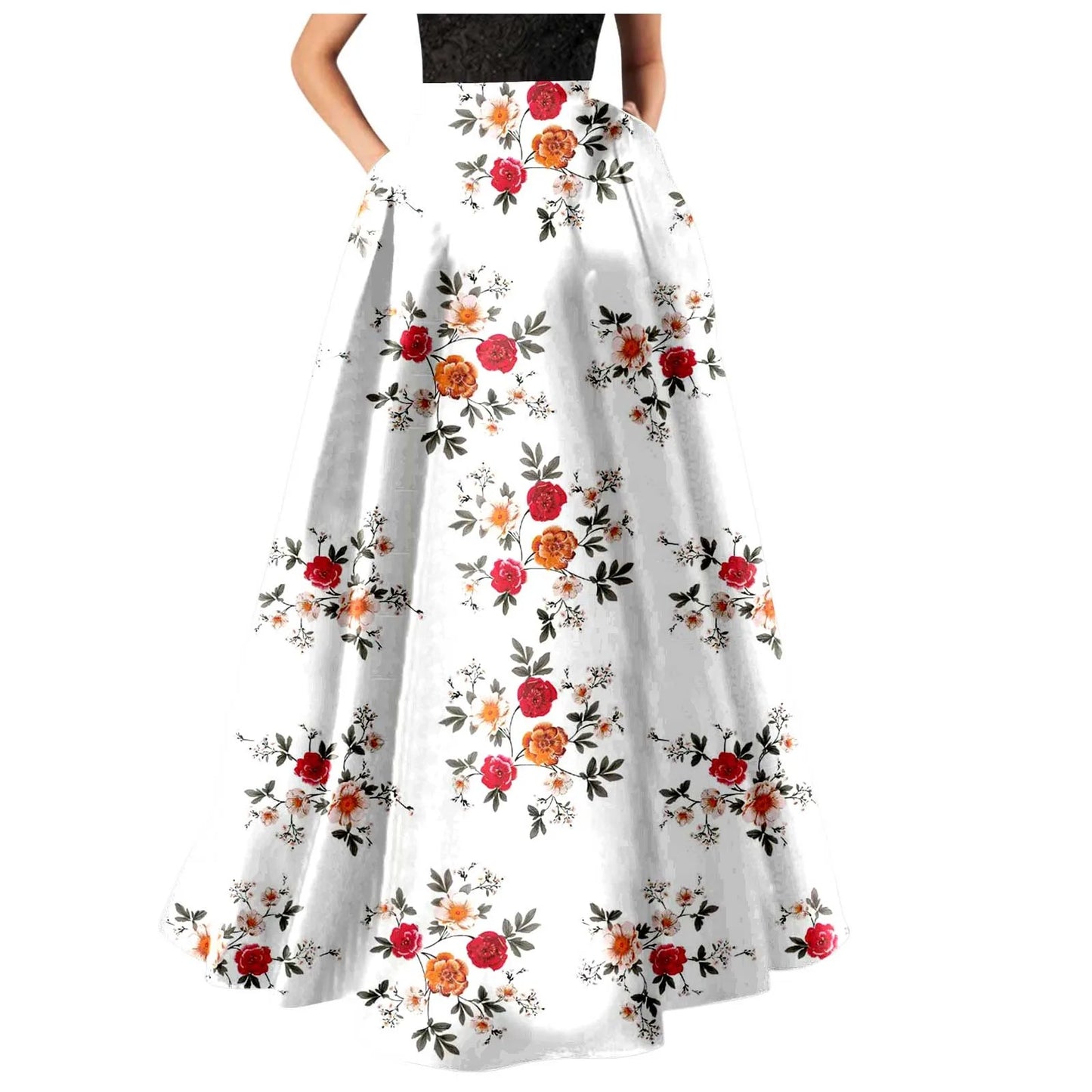 Bohemian Skirts For Women High Waisted Beach Maxi Skirt Wth Pockets Boho Floral Print Skirts Summer A Line Flowy Skirt 롱스커트