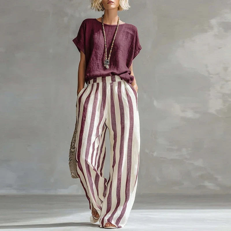 Vintage Women Two Piece Set O Neck Loose Short Sleeve Women T-Shirts Striped Printed Pants Suit Women Summer Casual Outfits