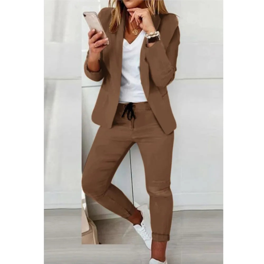 2 Piece Women's Autumn Winter Suit Fashion Slim Fit Lace-up Small Feet Trousers Women's Office Casual Solid Color Suit 2024