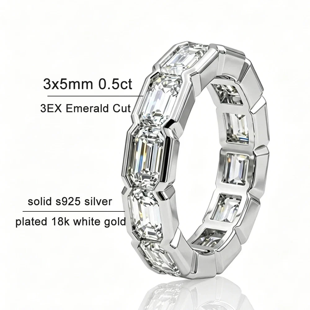 KNOBSPIN 3x5mm Emerald Cut Moissanite Eternity Band Ring D VVS1 Lab Created Diamond S925 Sterling Silver Wedding Rings for Women