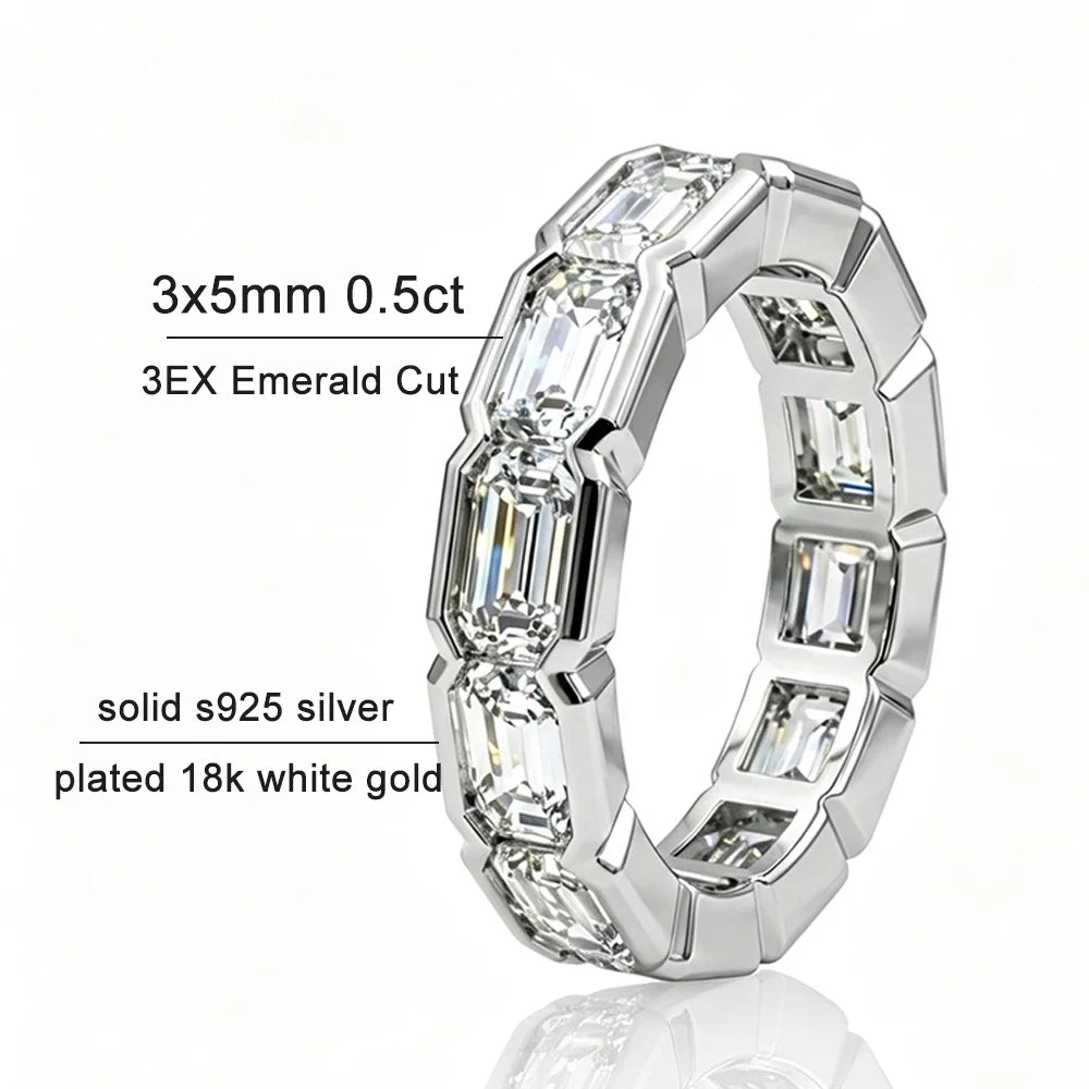 KNOBSPIN 3x5mm Emerald Cut Moissanite Eternity Band Ring D VVS1 Lab Created Diamond S925 Sterling Silver Wedding Rings for Women