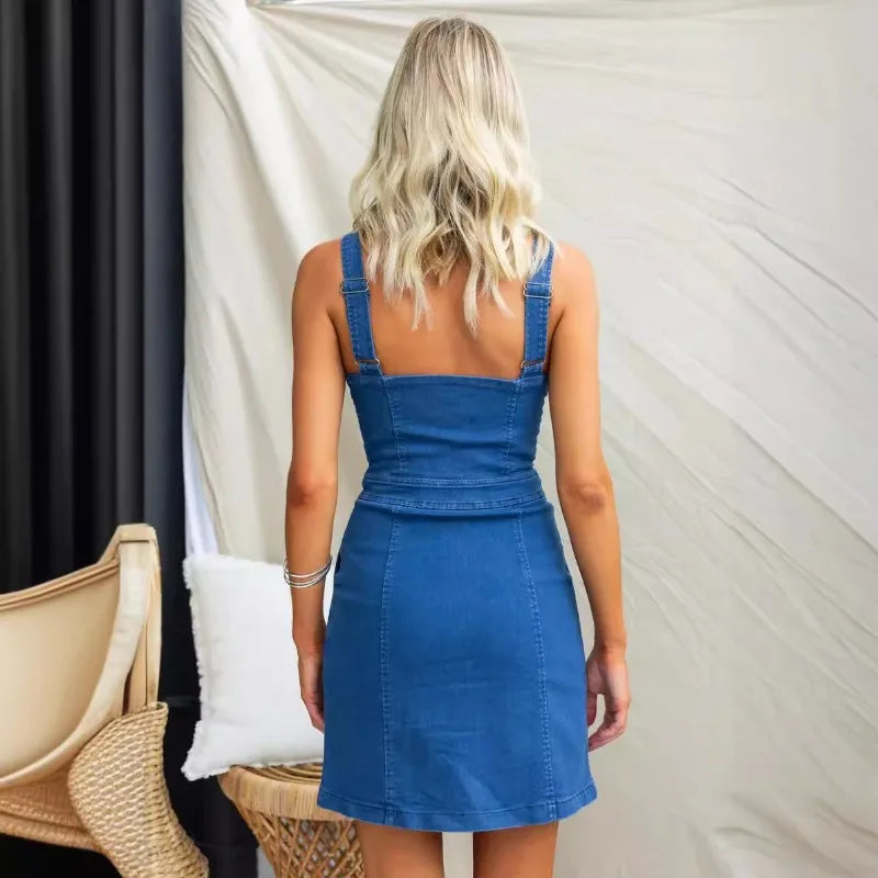 Fashion denim Dresses for Summer Women's Dress 2024 New Skinny Casual Zipper Pocket Denim Sexy Backless SLeeveless MINI Dress
