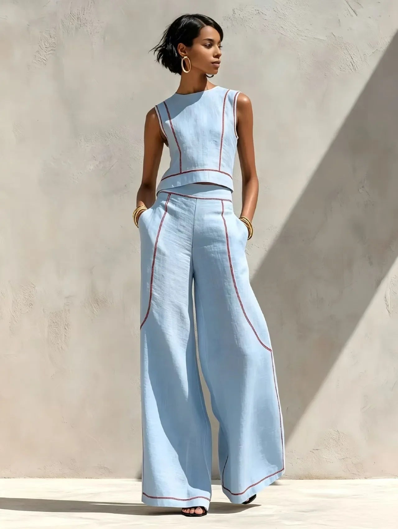 Women Striped Print 2 Piece Set Sleeveless Round Neck Tank Top High Waist Pocket Wide Leg Trousers Suit New Summer Resort Outfit