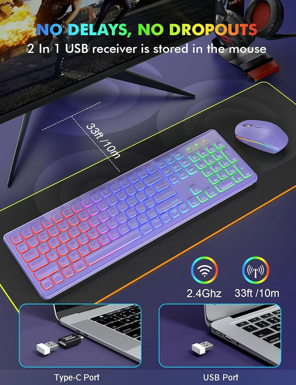 Wireless Backlit Keyboard and Mouse Combo - Rechargeable Full-Size 2.4GHz Illuminated Set for Enhanced Productivity