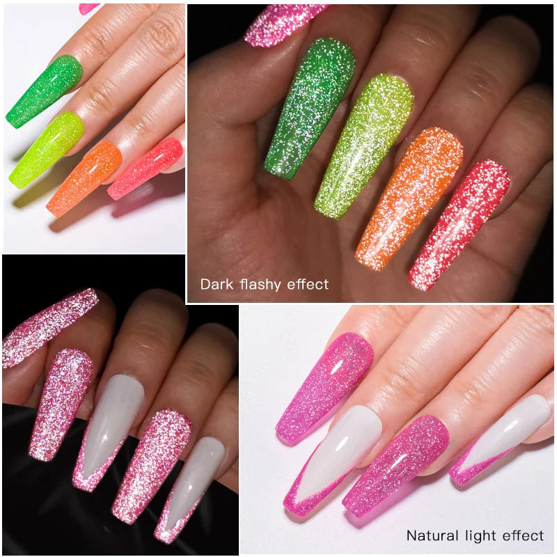 MEET ACROSS 7ml Pink Fluorescent Reflective Gel Nail Polish Glitter Neon Semi Permanent UV LED Gel Nail Art Varnish Manicure