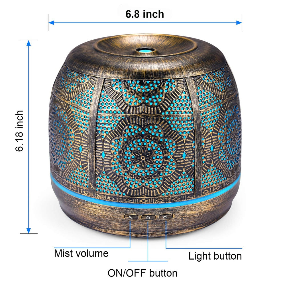 Aroma Diffuser 500ml Bronze Metal Aromatherapy Diffuser for Essential Oil 7 Color Fragrance Lamp Humidifier for Baby Office Home