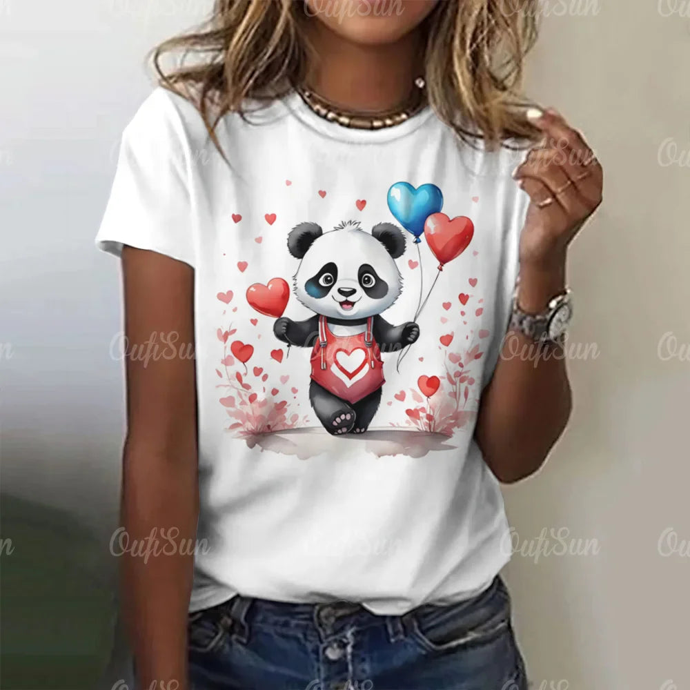 Cartoon Panda Pattern Women's T-Shirt O Neck Short Sleeve Tees Loose Pullover Summer For Ladies Female Fashion Streetwear Tops