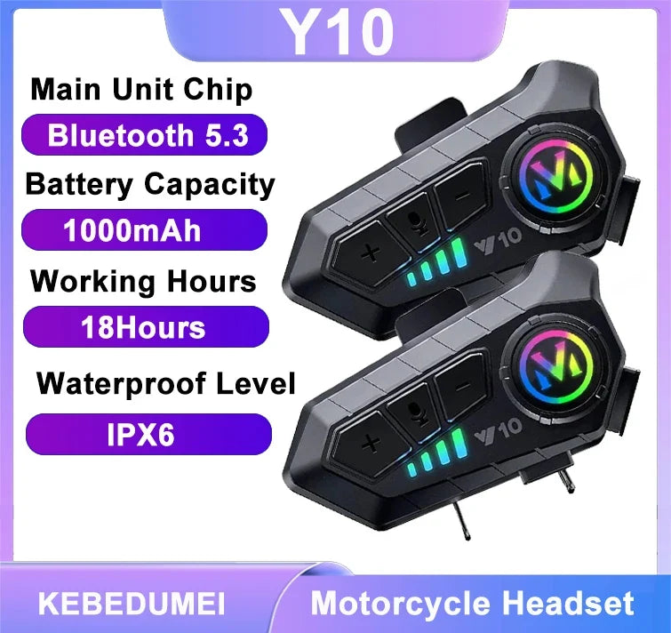 Y10 Motorcycle Bluetooth 5.3 Helmet Headset with Colorful Lights Waterproof Wireless Earphone Hands-free Headset Waterproof