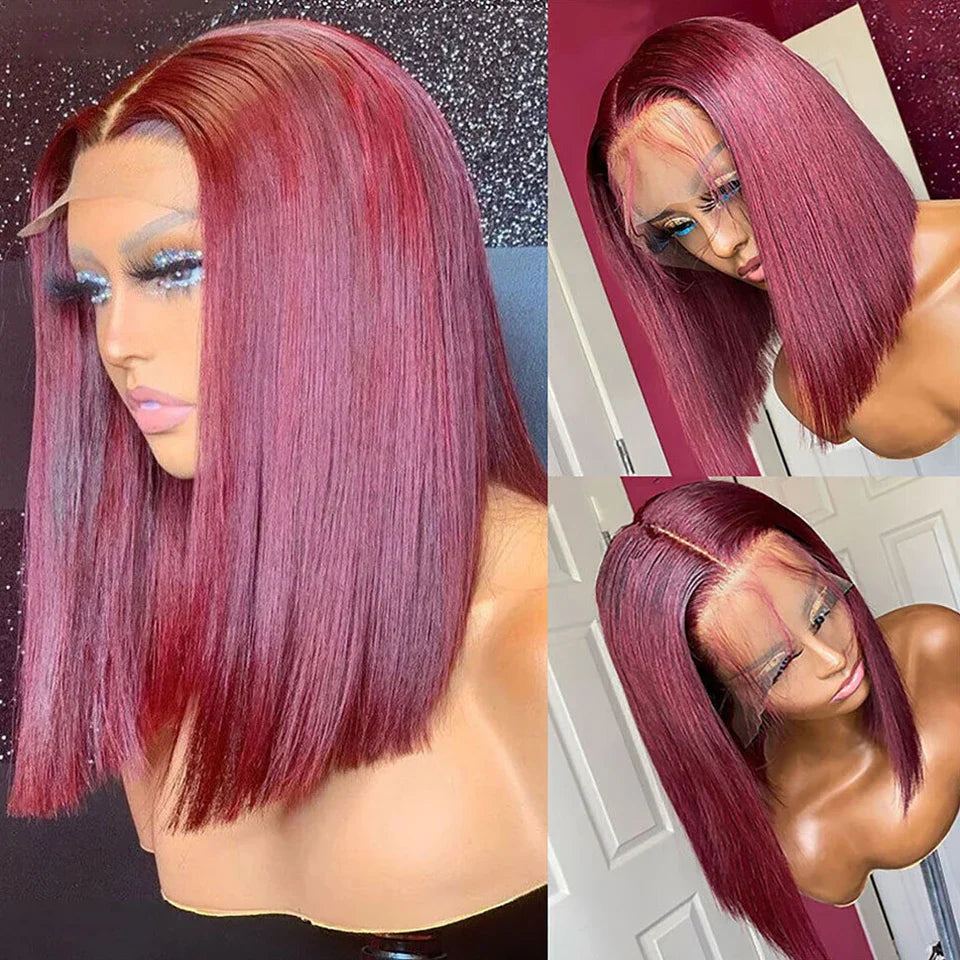 Brazilian  HD Transparent Short Bob Human Hair Wigs Highlight Burgundy 99J Straight