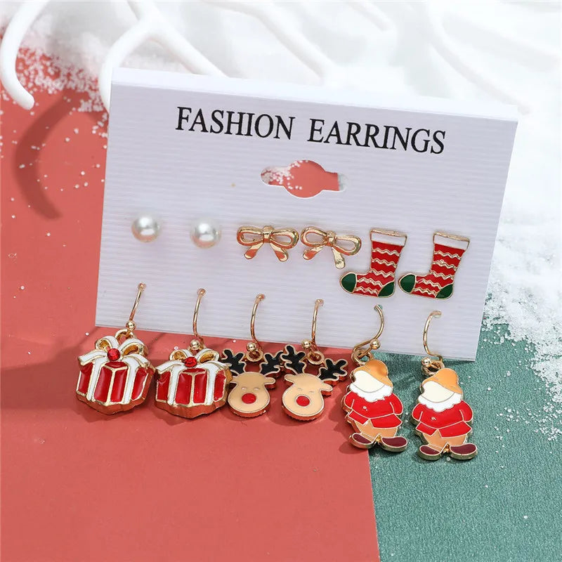 6 pairs Christmas Stud Earrings Xmas Tree Brown Elk Snowman Santa Claus Cute Christmas Earrings Christmas Gifts For Women Girls