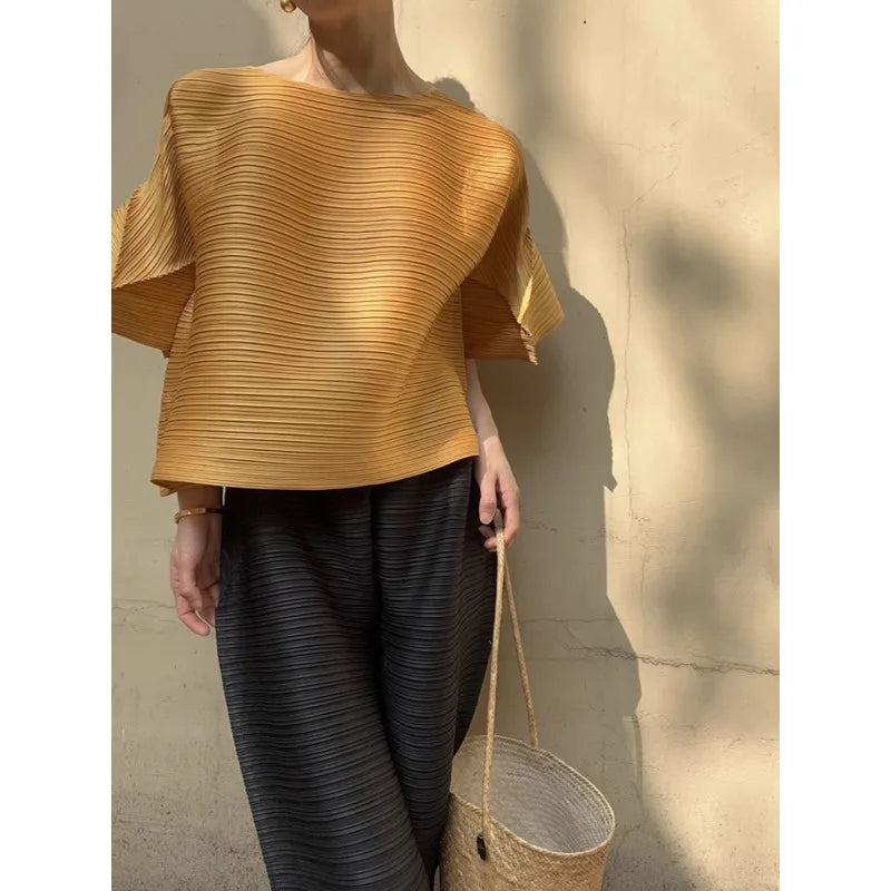 YUDX Miyake Pleated Women 2 Piece Fashion New Bubble Sleeve Round Neck Short Sleeve Loose Top + Irregular Pants Set