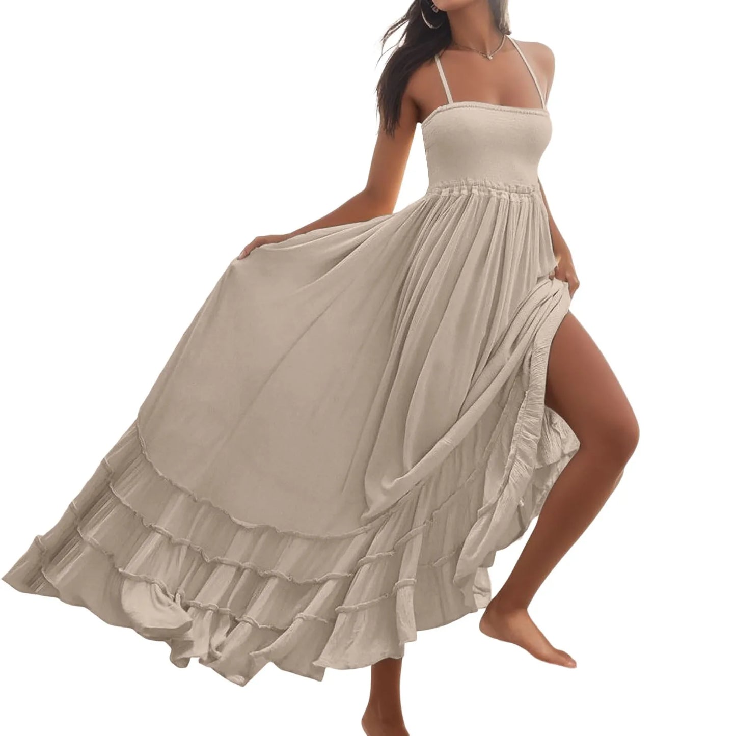 Womens Dresses 2024 Spring Summer Deep V Neck Women'S Smocked Maxi Dresses Summer 2023 Sexy Flowy Beach Long Backless Slip 롱원피스