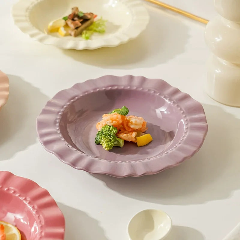 4pcs Multi-Color Ceramic Plate Set Ripple-Edge
