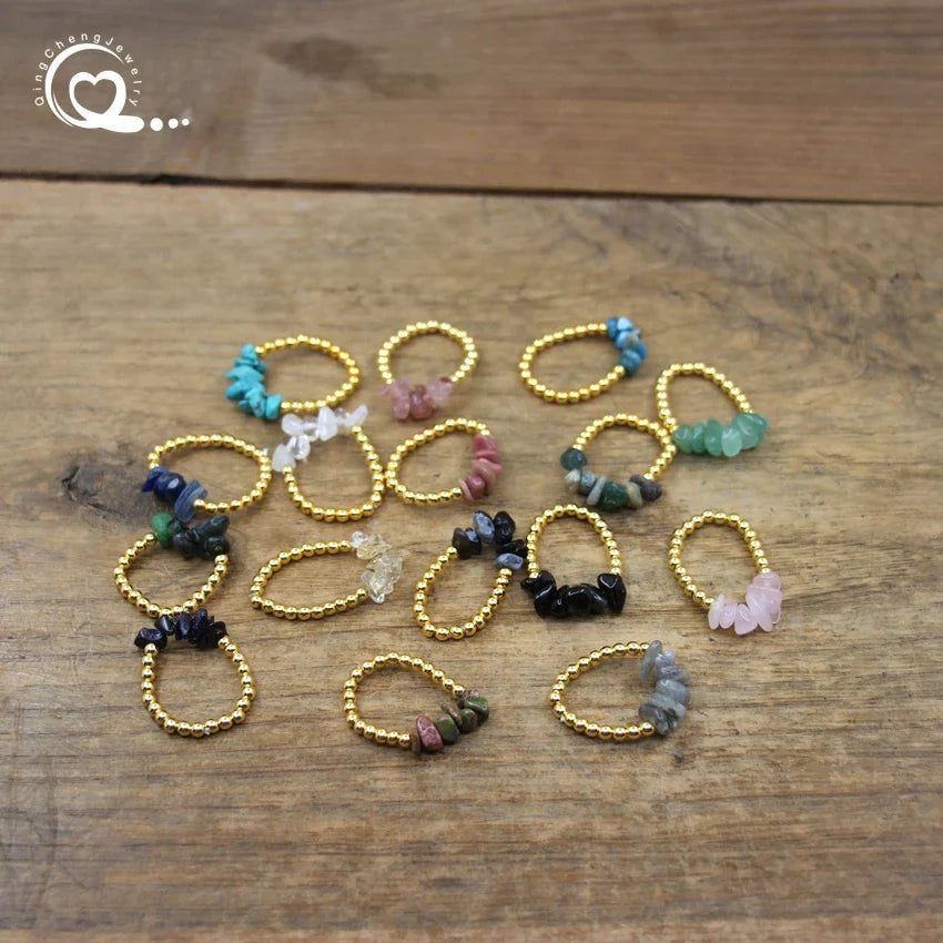 Healing Crystal Chip Stackable Rings Golds Brass Round Beads Natural Stone Gravel Stretchy Ring Fashion Women Jewelry,QC4218