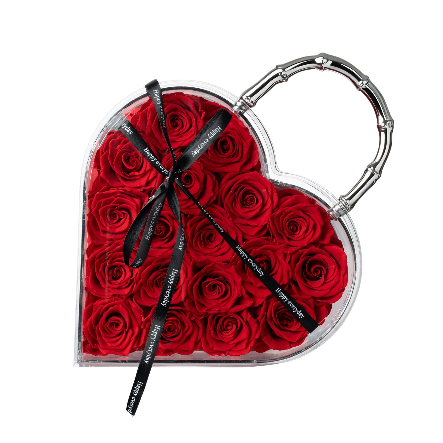 18 Preserved Roses in Heart Acrylic Display Case with Handle, Home Decor & Holiday Gift for Women, Anniversary, Valentine’s Day