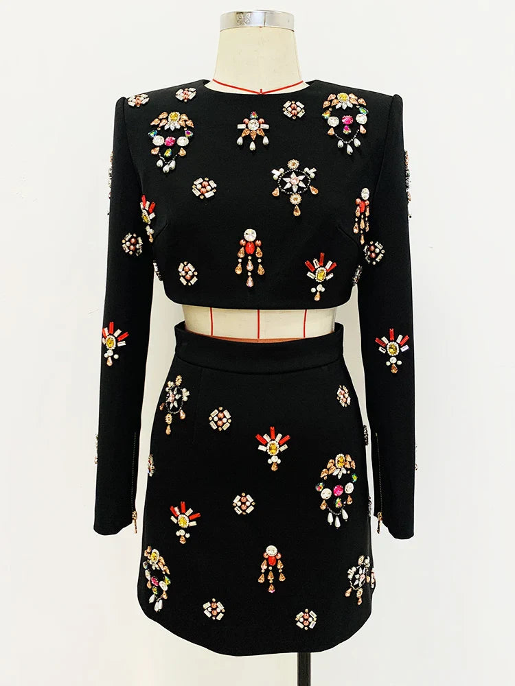 HIGH STREET Newest 2024 Designer Runway Suit Set Women's O-neck Zip Back Cropped Tops Mini Skirt Set 2pcs