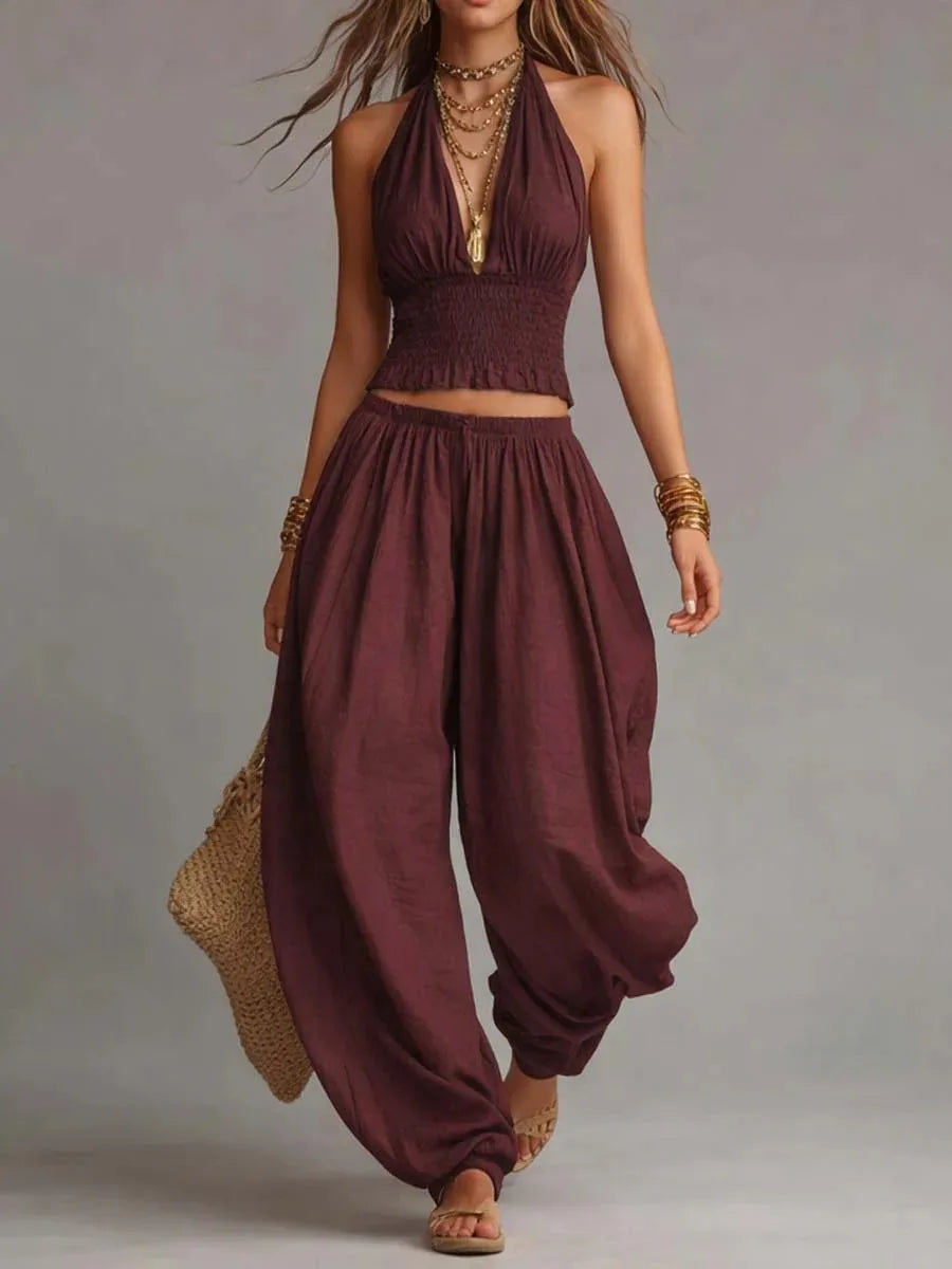 Summer Women Fold Waist 2PCS Boho Outfit Halter Neck Crop Top+Wide Leg Pants Set Casual Summer Beach Linen Matching Sets