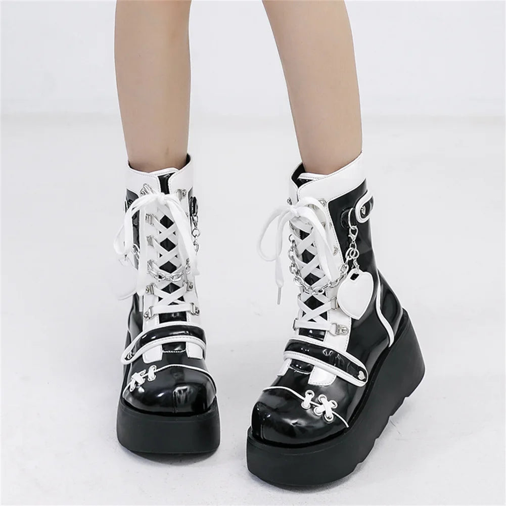 Brand New Ladies Goth Platform Ankle Boots Fashion Buckle Zip Rivet Punk Wedges High Heels Womens Boots Party Street Woman Shoes