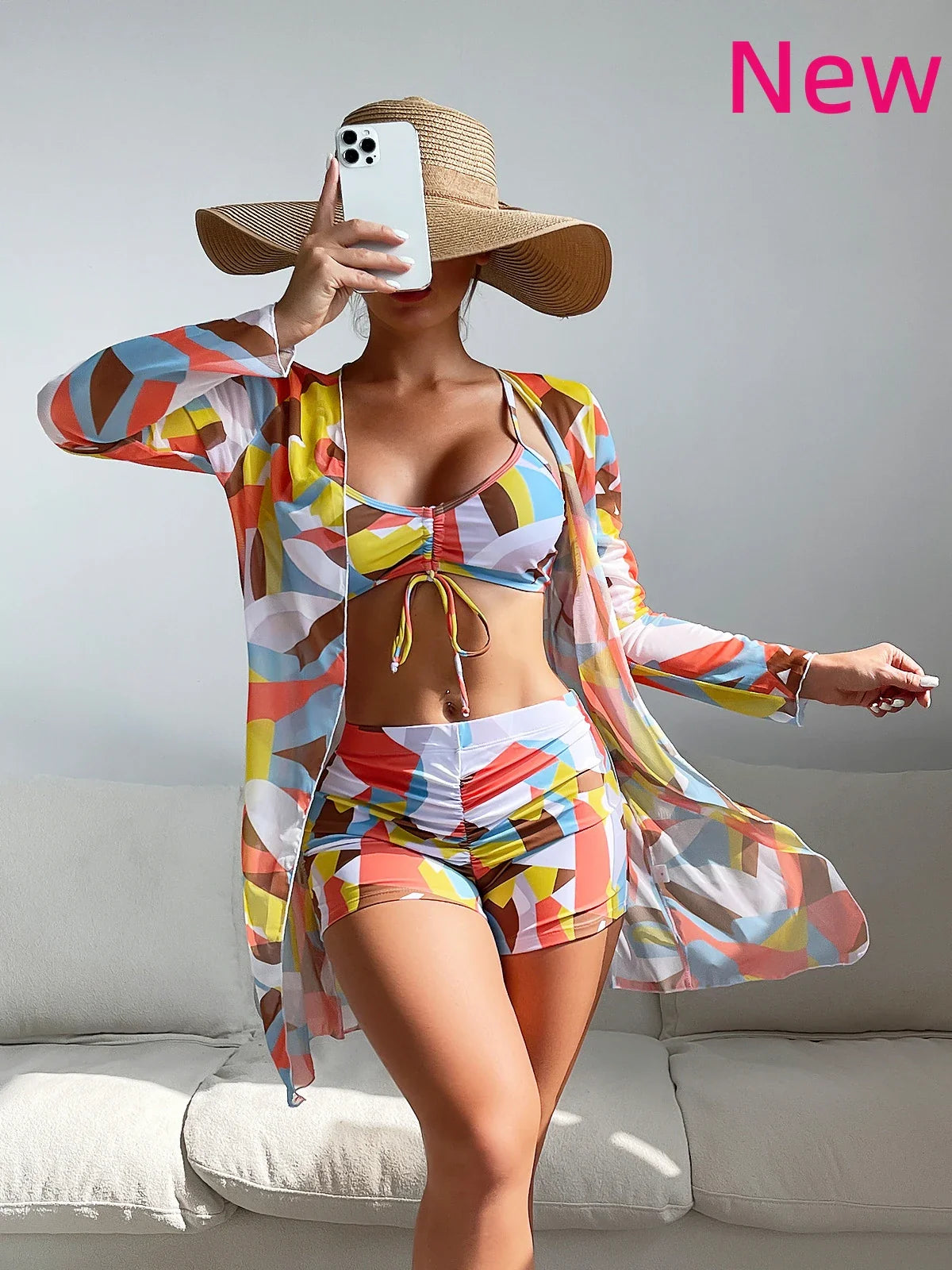 Three Pieces Bikini Set Cover Up Women New Push Up Twist Swimsuit Print Long Sleeve Swimwear Biquini Bathing Suit Summer
