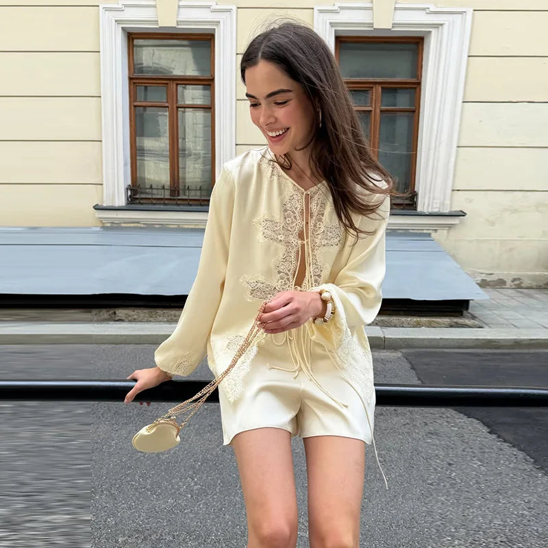 Elegant Women O Neck Long Sleeve Lace Up Shirt Chic Lace Patchwork Satin Blouse Shorts Set 2026 Summer Chic 2 Pcs Outfits Street