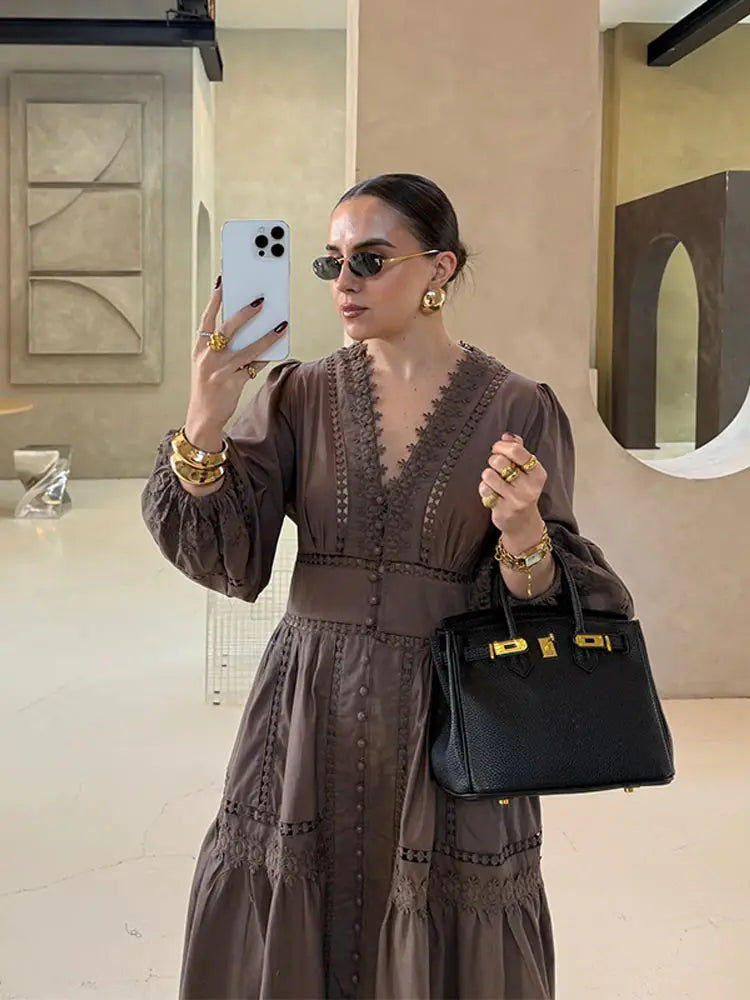 Elegant Lace Hollow Out Women's Long Dress Solid V-neck Patchwork Puff Sleeve Bodycon Dressess Female 2025 Spring New Lady Robes