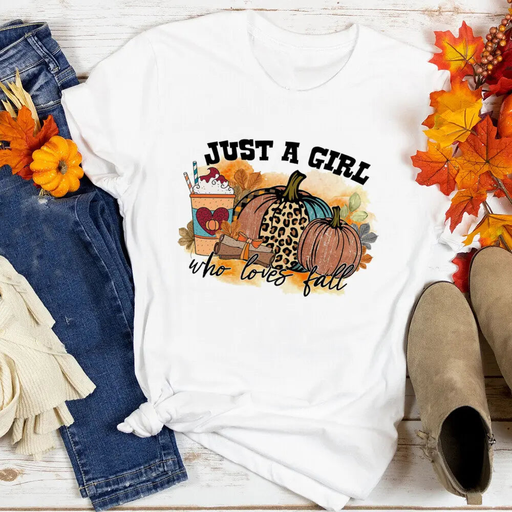 Just A Girl Who Loves Fall Shirt Thanksgiving Graphic Tee Clothes Fashion Pumpkin Spice Print T Shirt Tops Holiday Female Outfit