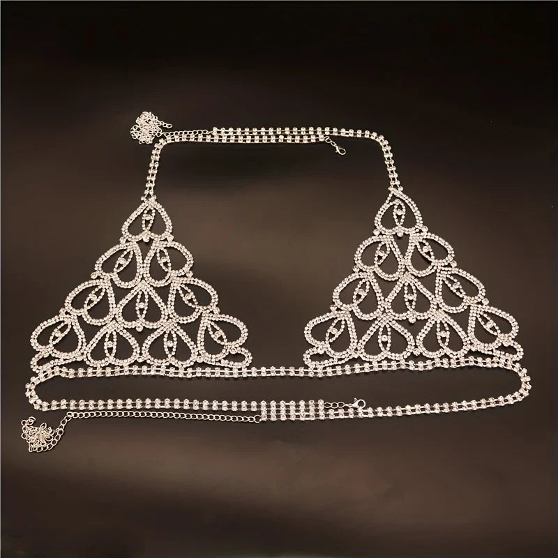 Bohemian rhinestone plaid chest chain and Thong jewelry underwear women's shoulder straps 2024 new bra sexy mesh body