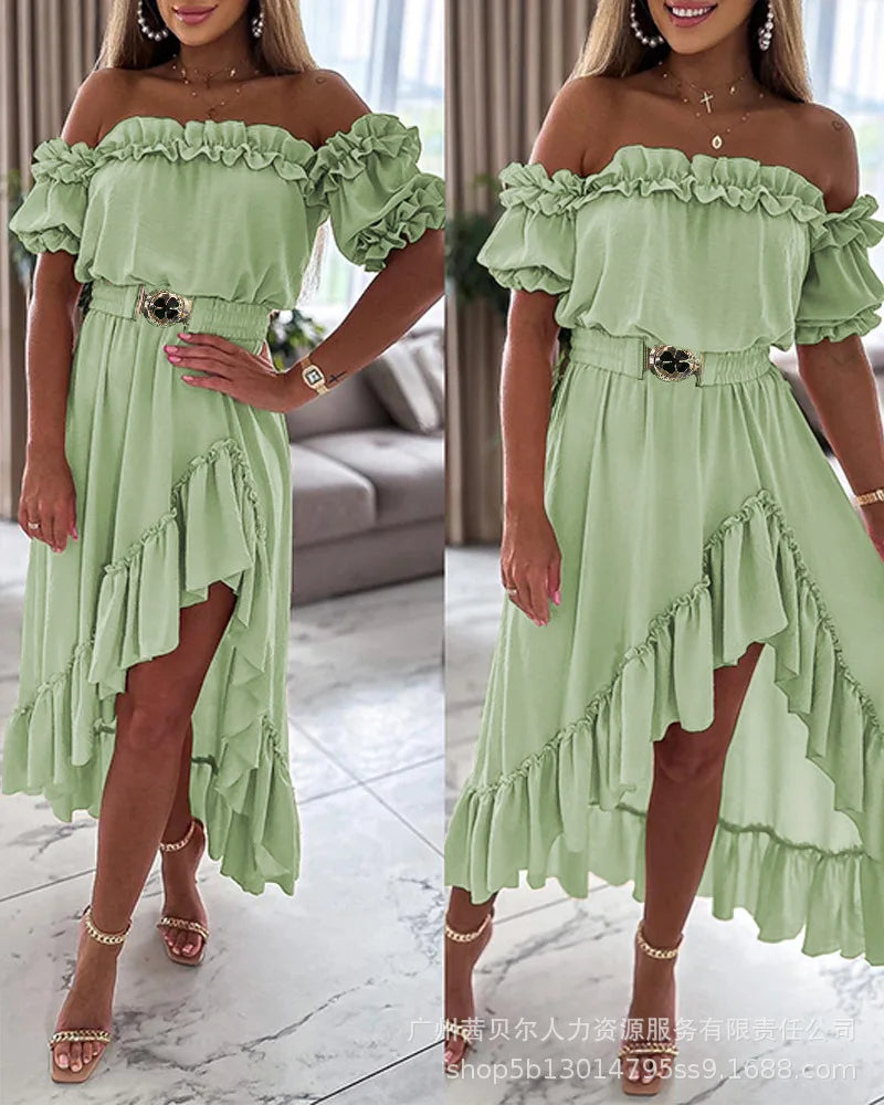 Dress Women Ruffles Off Shoulder Long Dresses Solid Slim Fit Regular Casual Elegant Splice High Waist Belt A Line Vestidos 2024