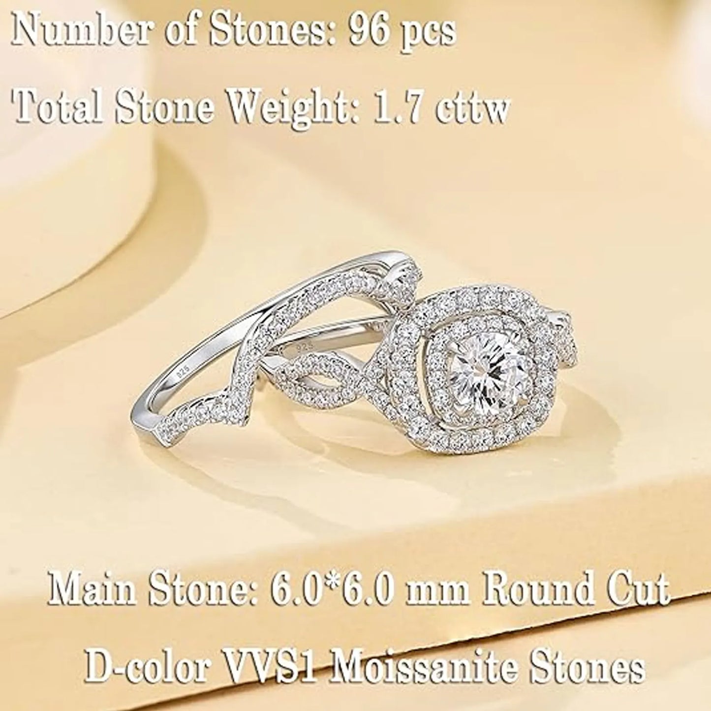 Newshe 2Pcs Halo Round Cut Moissanite Wedding Ring Set for Women Solid 925 Sterling Silver Zircons Luxury Bridal Rings