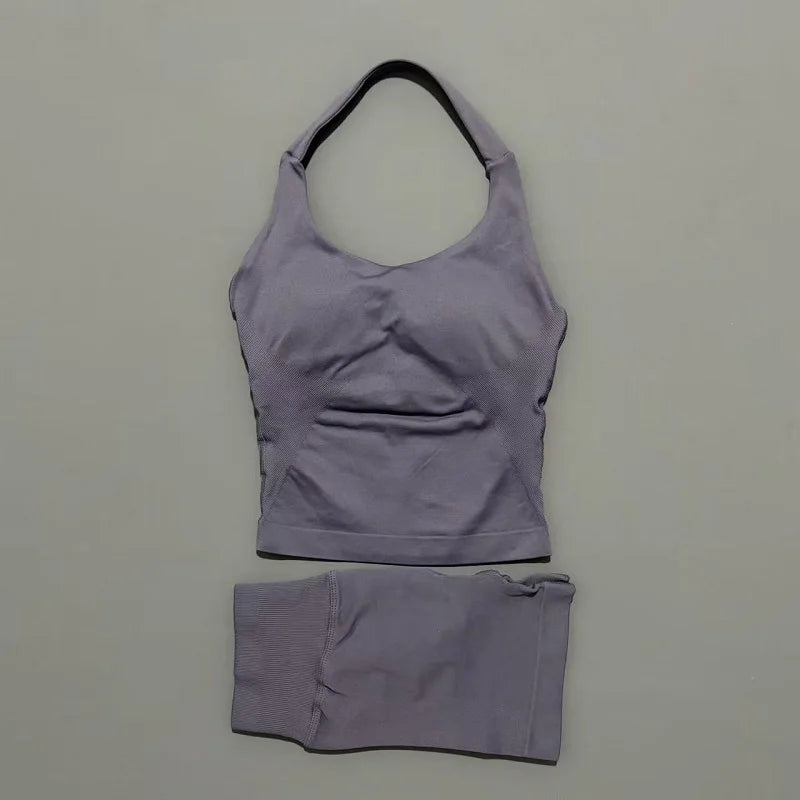 2 Pieces Shorts Yoga Set Women Backless Halter Tops High Waist Seamless Shorts Gym Suit Fitness Sportswear Workout Sets