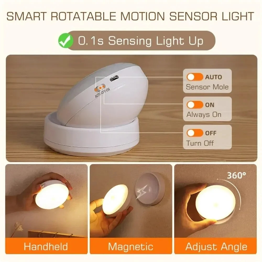 Night Lamp With Motion Sensor Rechargeable Wireless LED Night Light, 360 Rotating Magnetic Light For Room Bedside Table