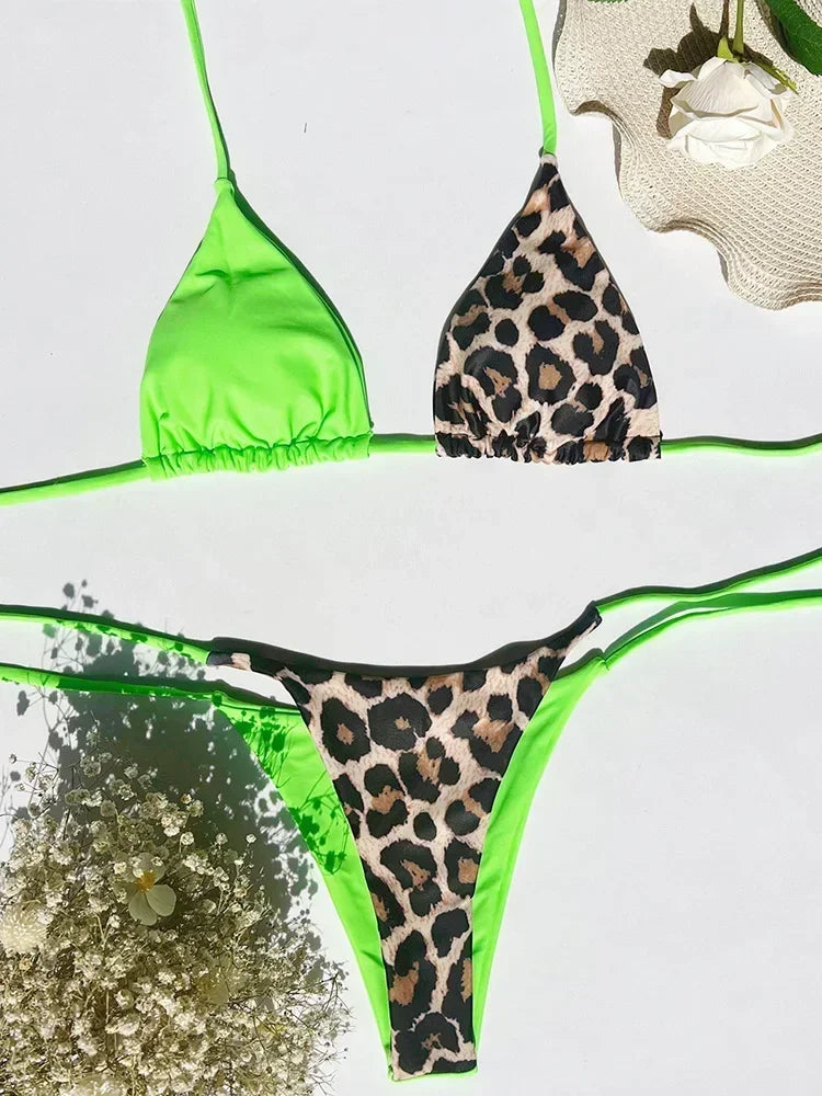 Halter Splicing Leopard Bikinis 2026 Satin Bikini Female Swimsuit Women Swimwear.
