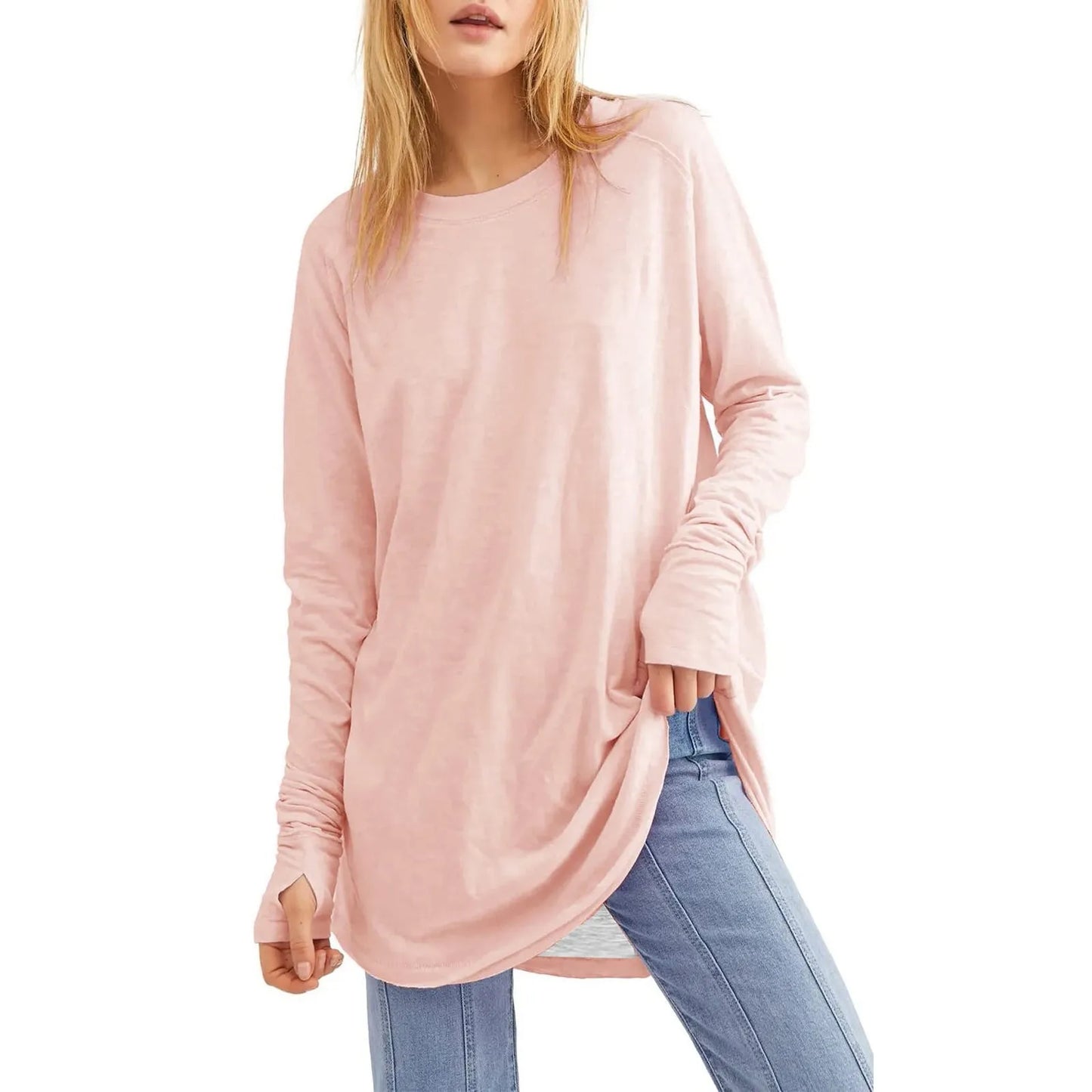 Women's Solid Round Neck Loose Long Sleeve Medium Length Leaky Thumb T-shirt Top