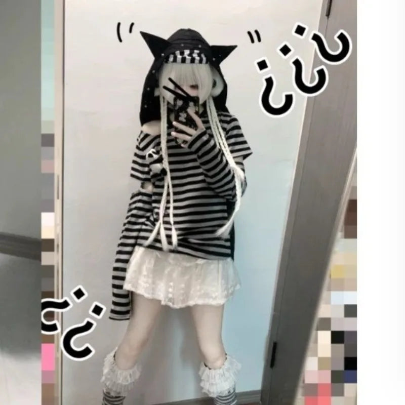 Vintage Striped Patchwork Sleeve T-shirt for Women+ Cute Cat Ear Hooded Sleeveless Jackets Early Autumn New Two Piece Sets