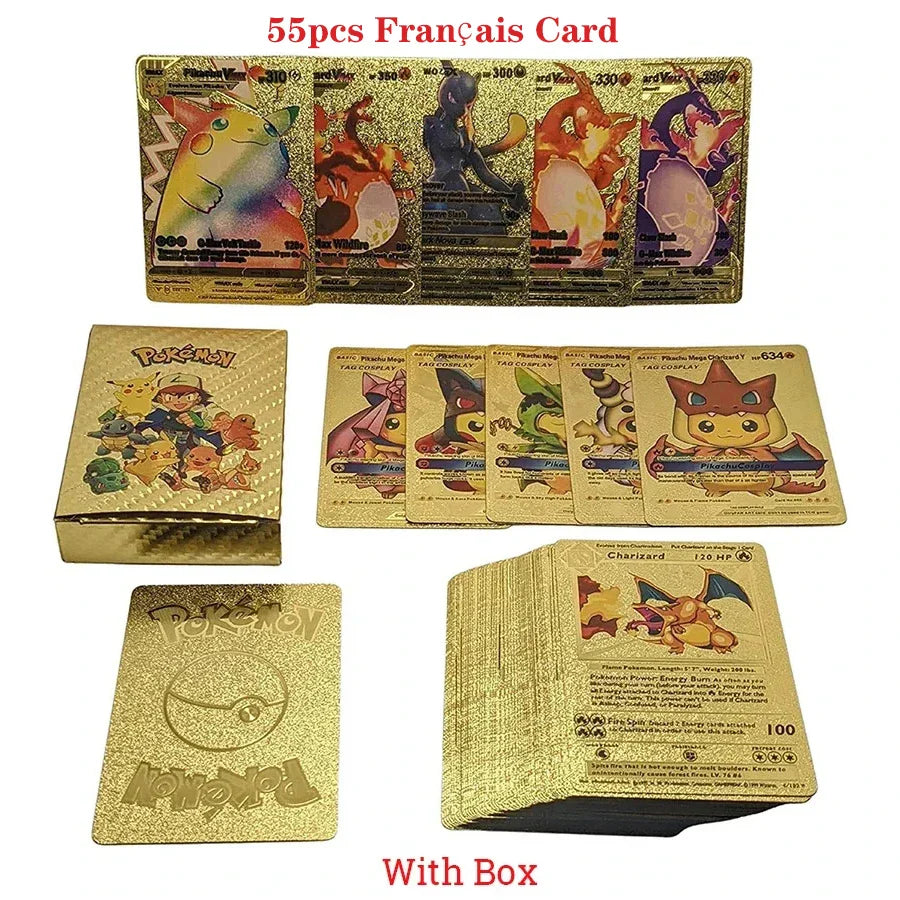 110-27Pcs Pokemon Gold Foil Card VMAX GX VSTAR Cards English French German Spanish Charizard Pikachu Arceus Silver Pokemon Cards