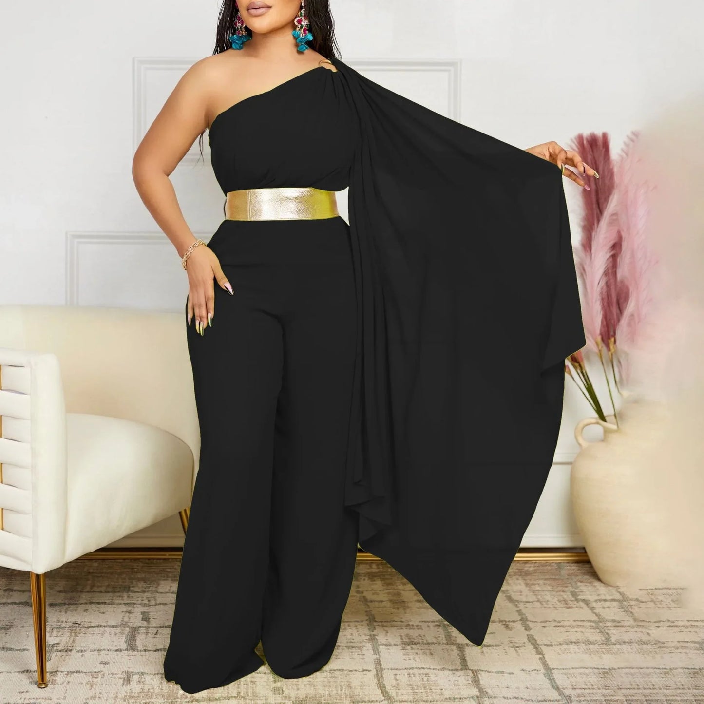 Elegant Jumpsuits & Rompers for Woman, One Shoulder Flying Sleeve High Waisted Luxury Dinner Outfits.