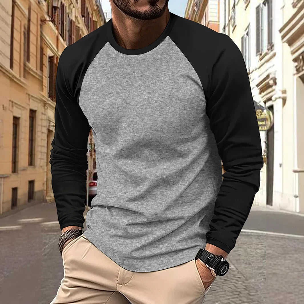 Men T-shirts Long Sleeve O-neck, Casual Raglan Sleeves Color Matching for Men.