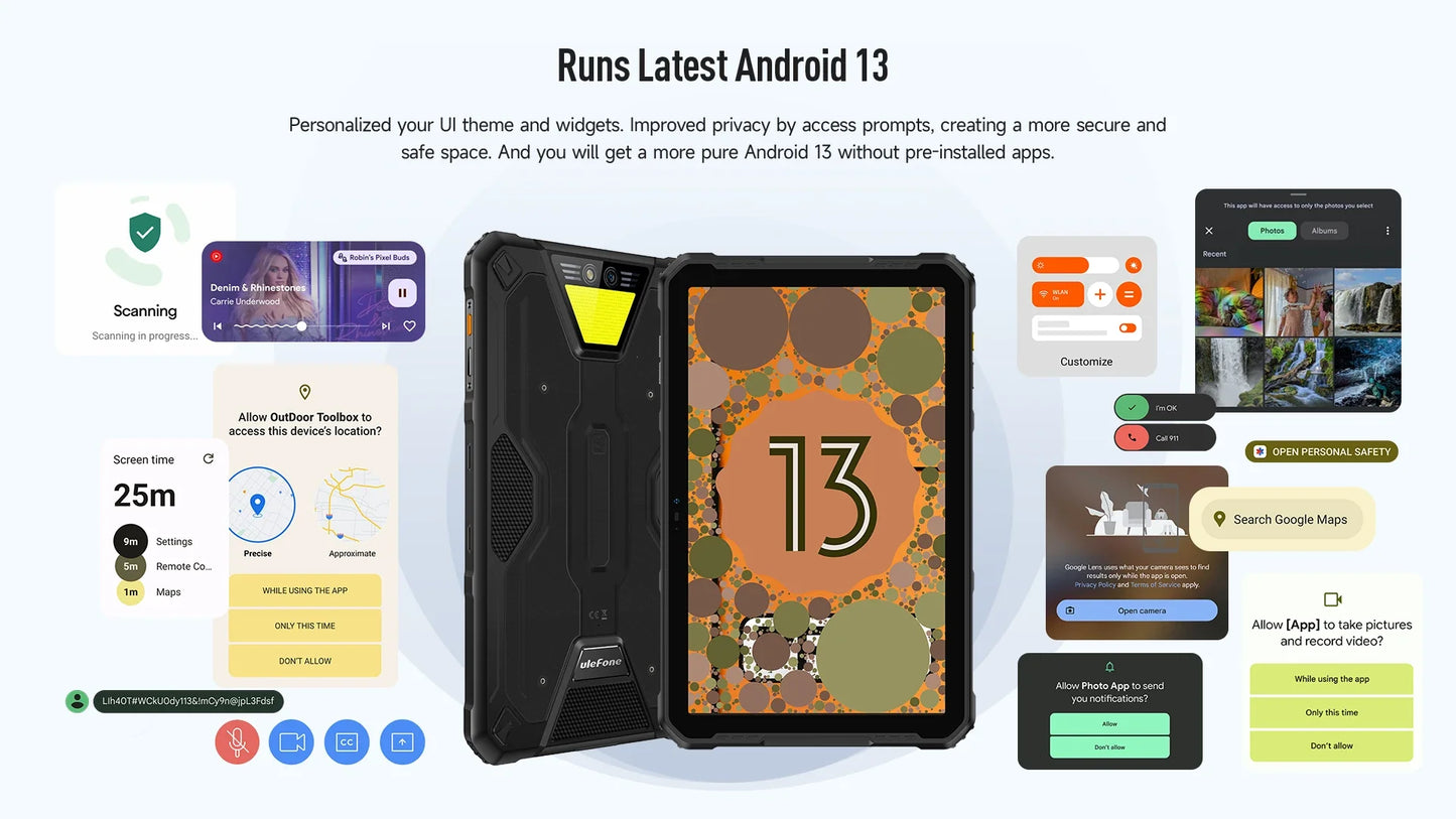 Ulefone Armor Pad 2 Rugged Tablet, 11" 2K, 18600 mAh ,IP68/IP69K Android 13 NFC GPS 4G Tablet Up to16GB +256GB LED Camping light